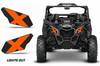 Lights Out Orange - Can-Am Maverick X3 headlight decals with solid orange X design, standalones and vehicle view