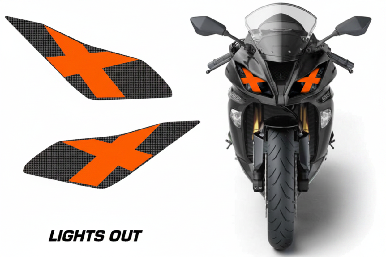 Kawasaki Ninja 636 Headlight Decal - Lights Out Orange X Design