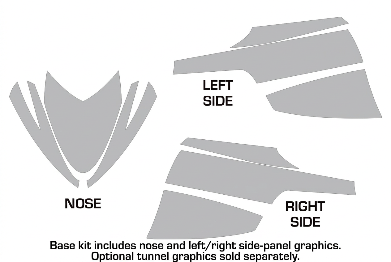 Arctic Cat M Series graphics kit layout showing nose and left/right side-panel decals; optional tunnel graphics sold separately.