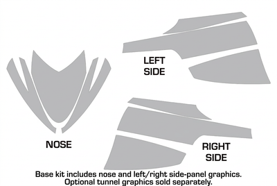 Arctic Cat M Series graphics kit layout showing nose and left/right side-panel decals; optional tunnel graphics sold separately.