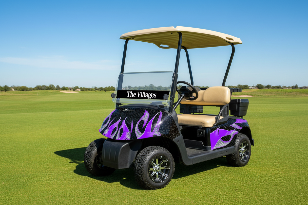 Tribal Flames Purple Vinyl Graphics Kit on EZ-GO TXT Golf Cart — The Villages Golf Community