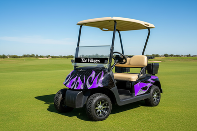 Tribal Flames Purple Vinyl Graphics Kit on EZ-GO TXT Golf Cart — The Villages Golf Community