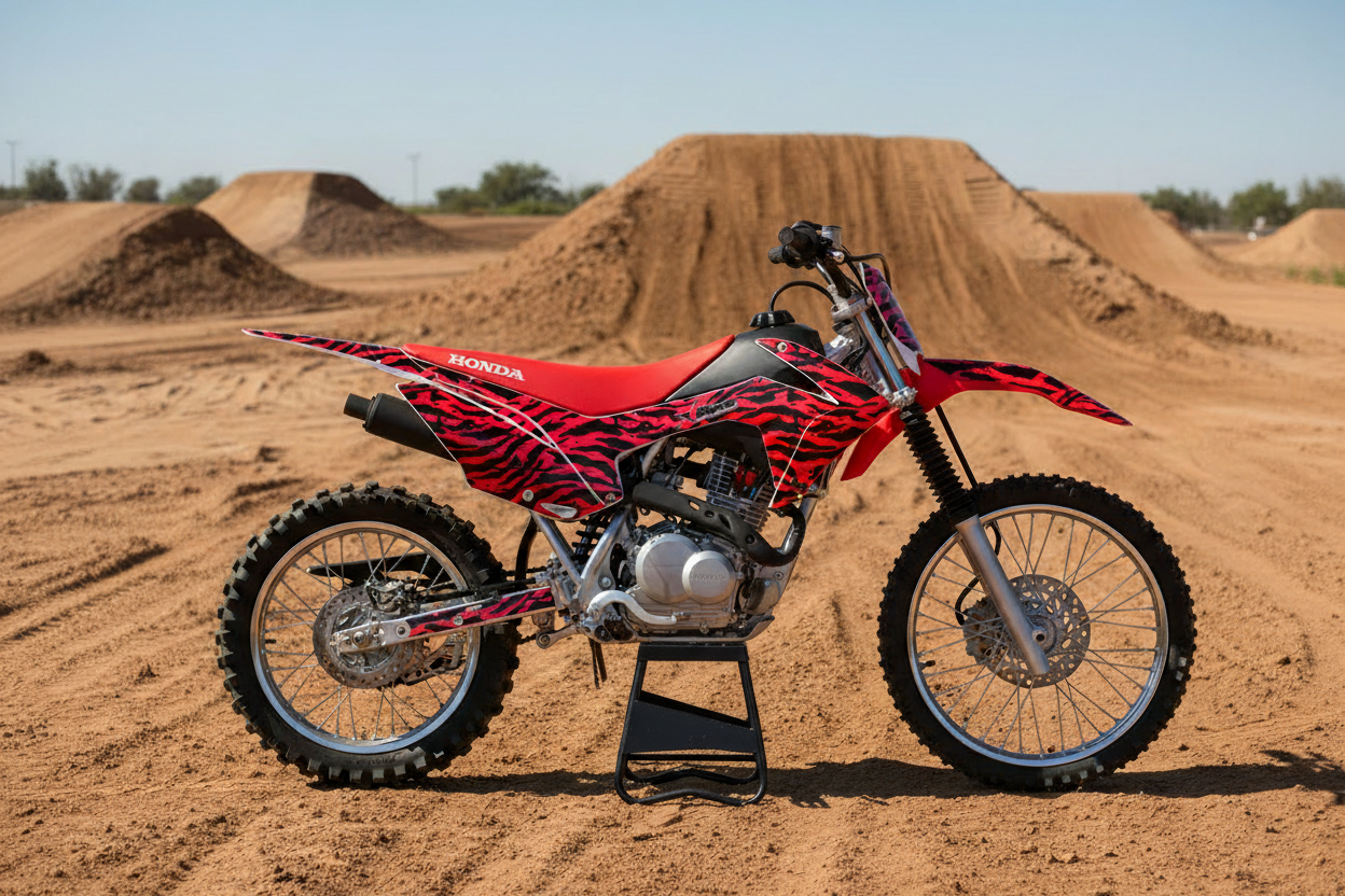 2014-2018 Honda CRF 125F Motocross Graphics Kit – Zebra Girl Red Black Vinyl Decals Installed