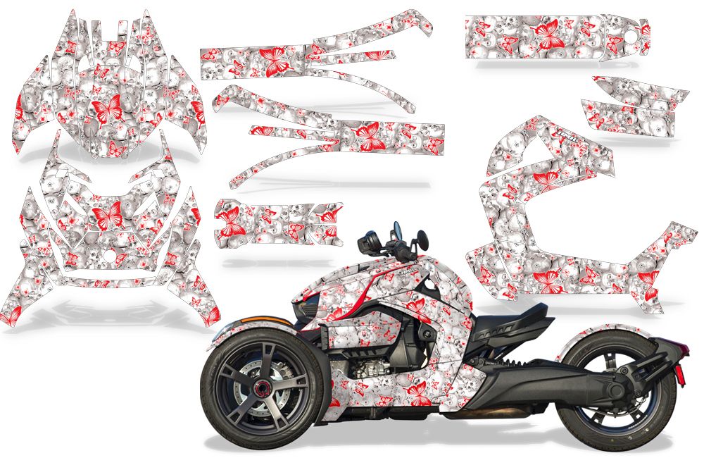 Skulls & Butterflies - WHITE background RED design