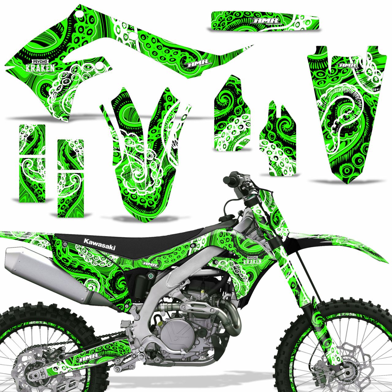 Psycho Kraken - Black Background Green Design shown with number plate, and rim protectors (Optional)