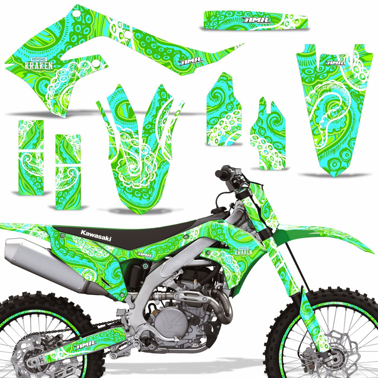 Psycho Kraken - Green Background Teal Design shown with number plate , and rim protectors (Optional)