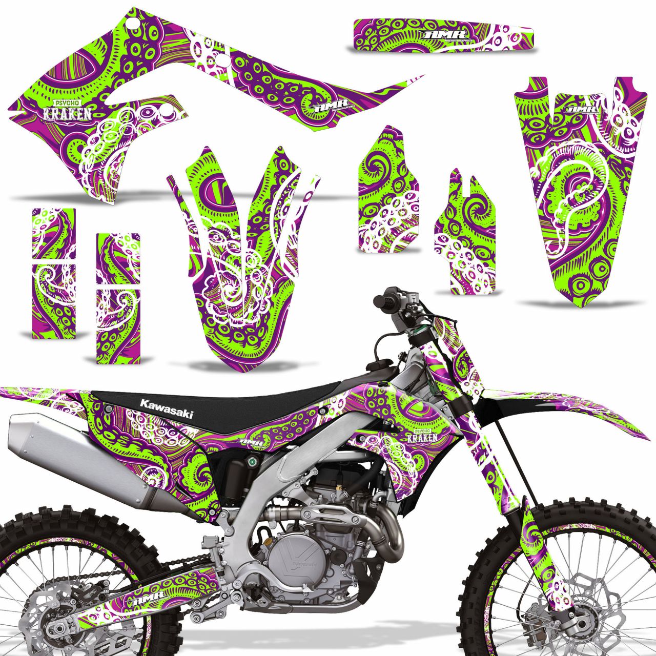 Psycho Kraken - Purple Background Green Design shown with number plate, and rim protectors (Optional)
