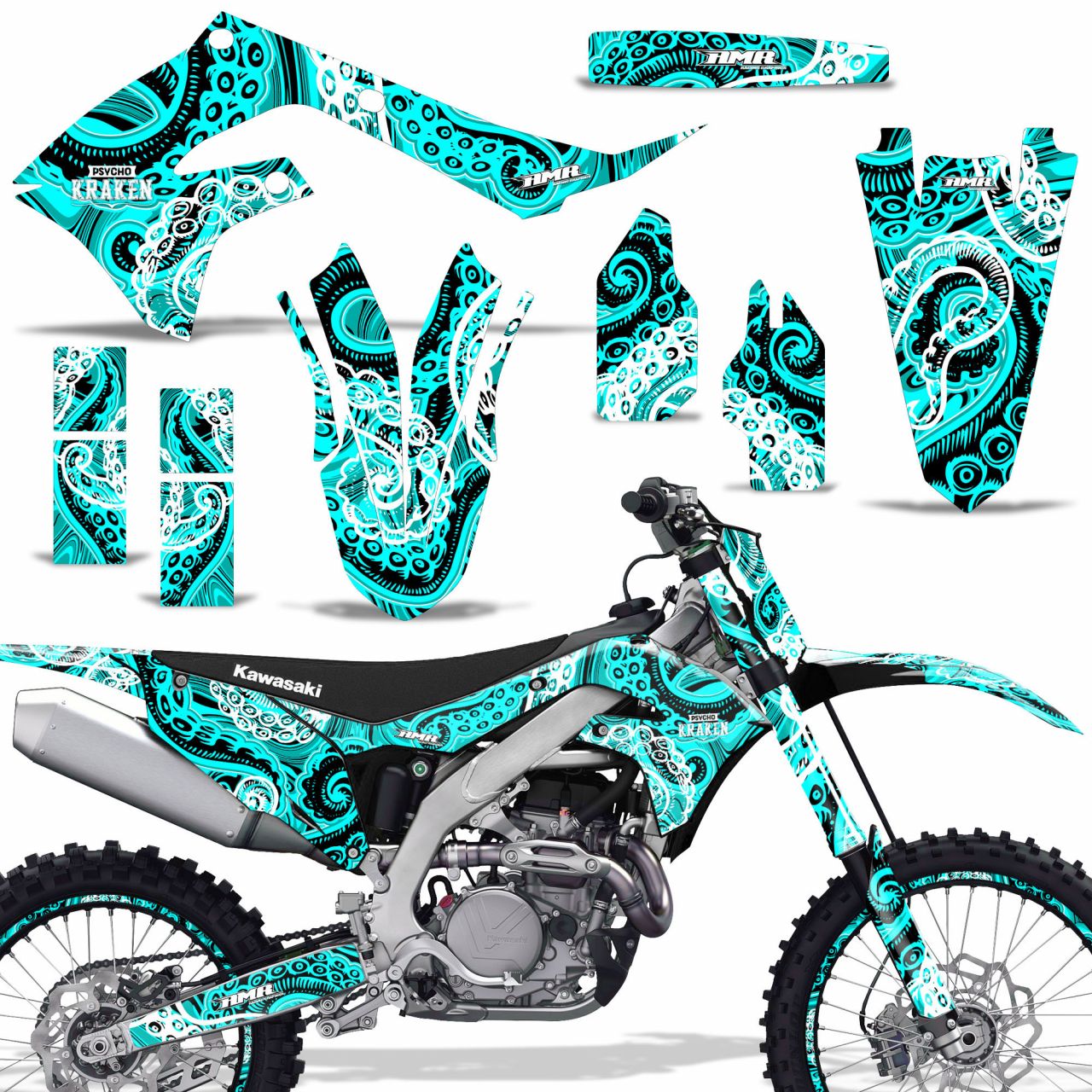 Psycho Kraken - Teal Background Black Design shown with number plates, and rim protectors (Optional)