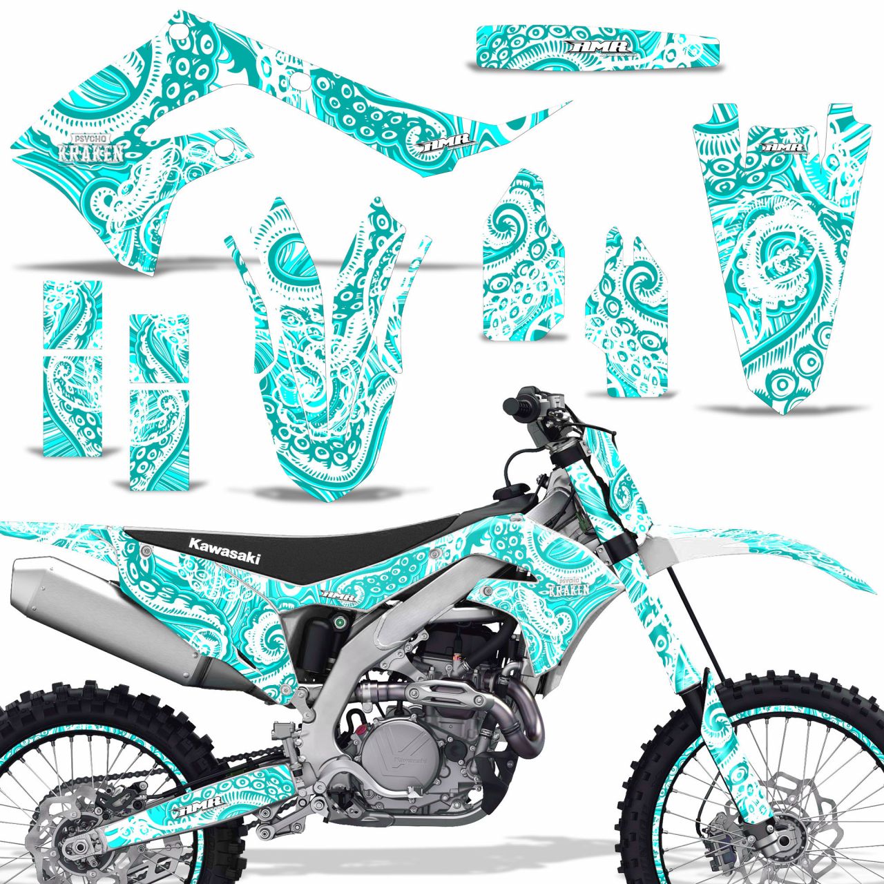 Psycho Kraken - Teal Background White Design shown with number plate, and rim protectors (Optional)