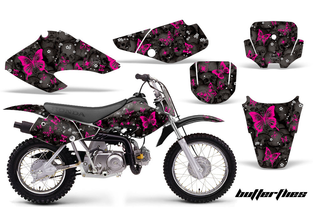 Skulls & Butterflies - Black Background Pink Design