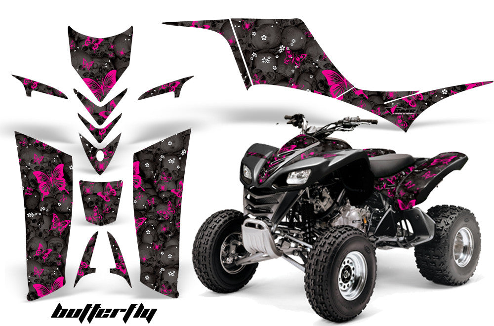 Skulls & Butterflies - Black Background Pink Design