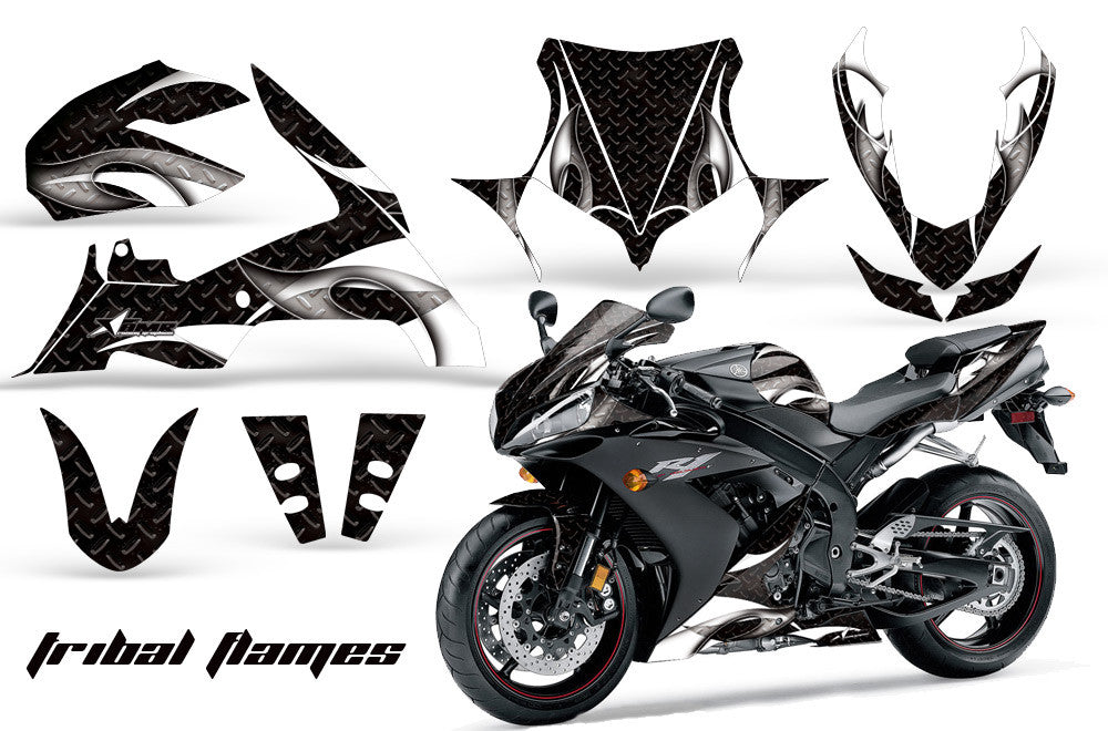 Yamaha R1 '04-'05 Tribal Flame Black Background White Design