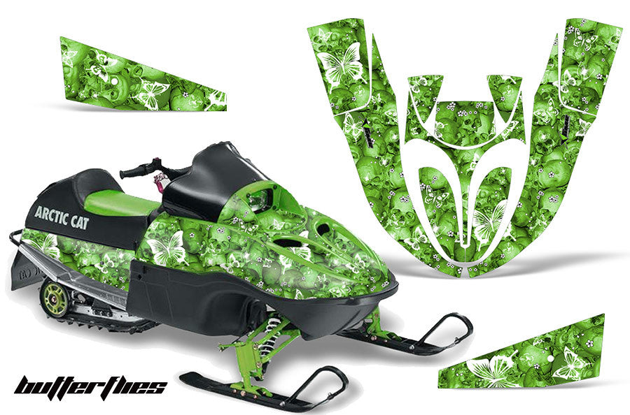 Skulls & Butterflies Green Background White Design