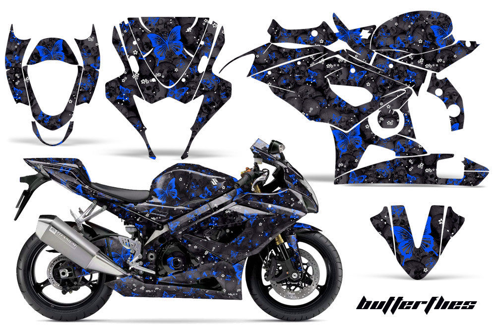 Butterflies & Skulls in Black Background Blue Design