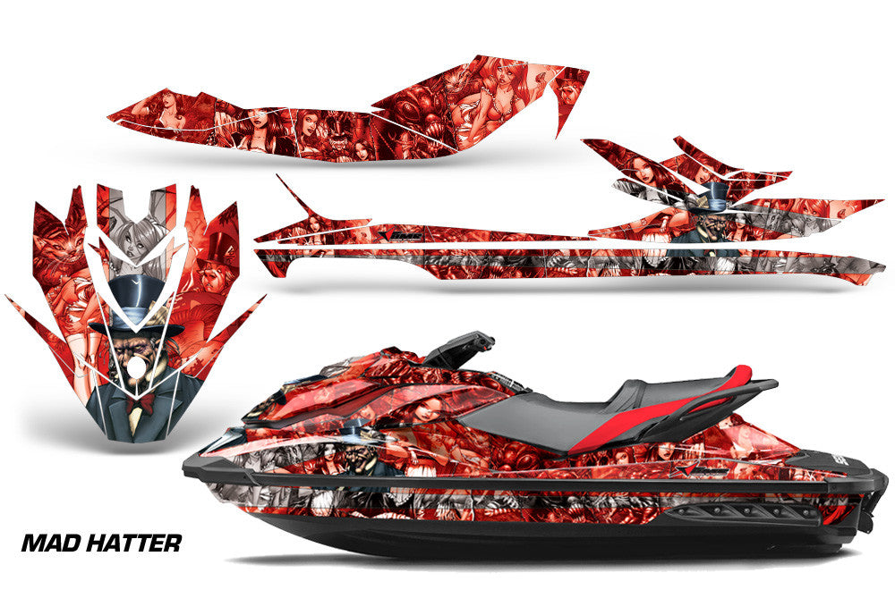 Red Silver Mad Hatter Design graphics kit on Sea-Doo GTI watercraft (2011–2019)