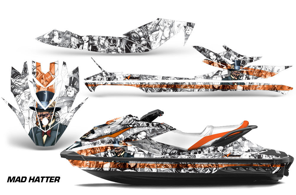 White Orange Mad Hatter Design wrap installed on Sea-Doo GTI watercraft (2011–2019)
