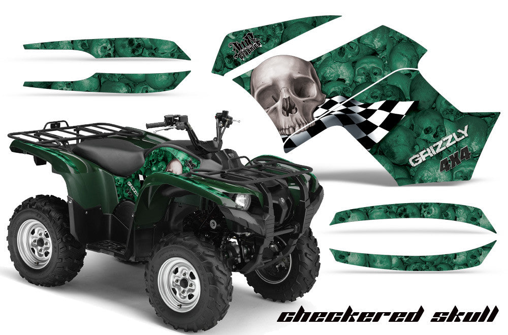 Checkered Skull - Green Background Silver Design