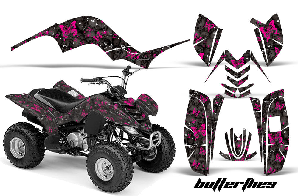Skulls & Butterflies - Black Background Pink Design